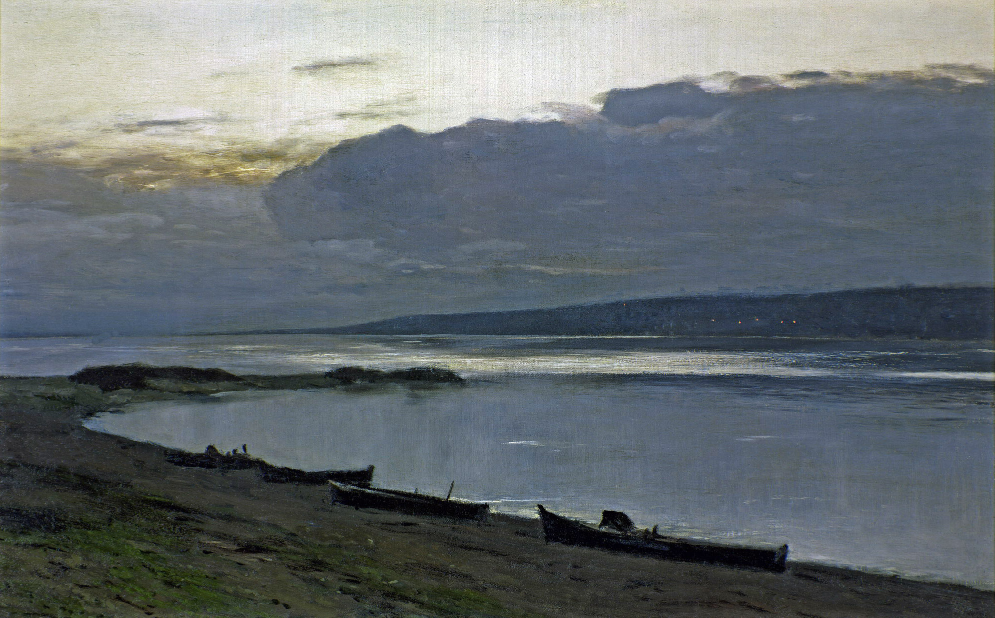 И. Левитан, «Вечер на Волге», 1887–1888: сумерки над рекой и лодками у берега.